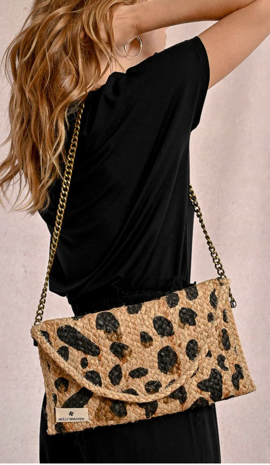 Leopard-Print Straw Clip Clutch