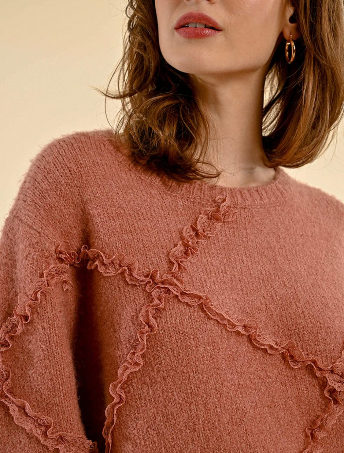 Oversized sweater with ruffles and lace, Pink