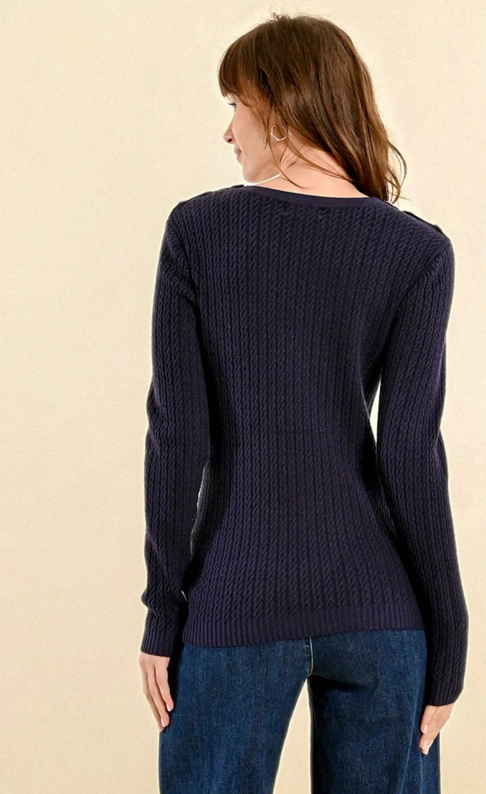 Buttoned shoulder cable knit sweater, navy