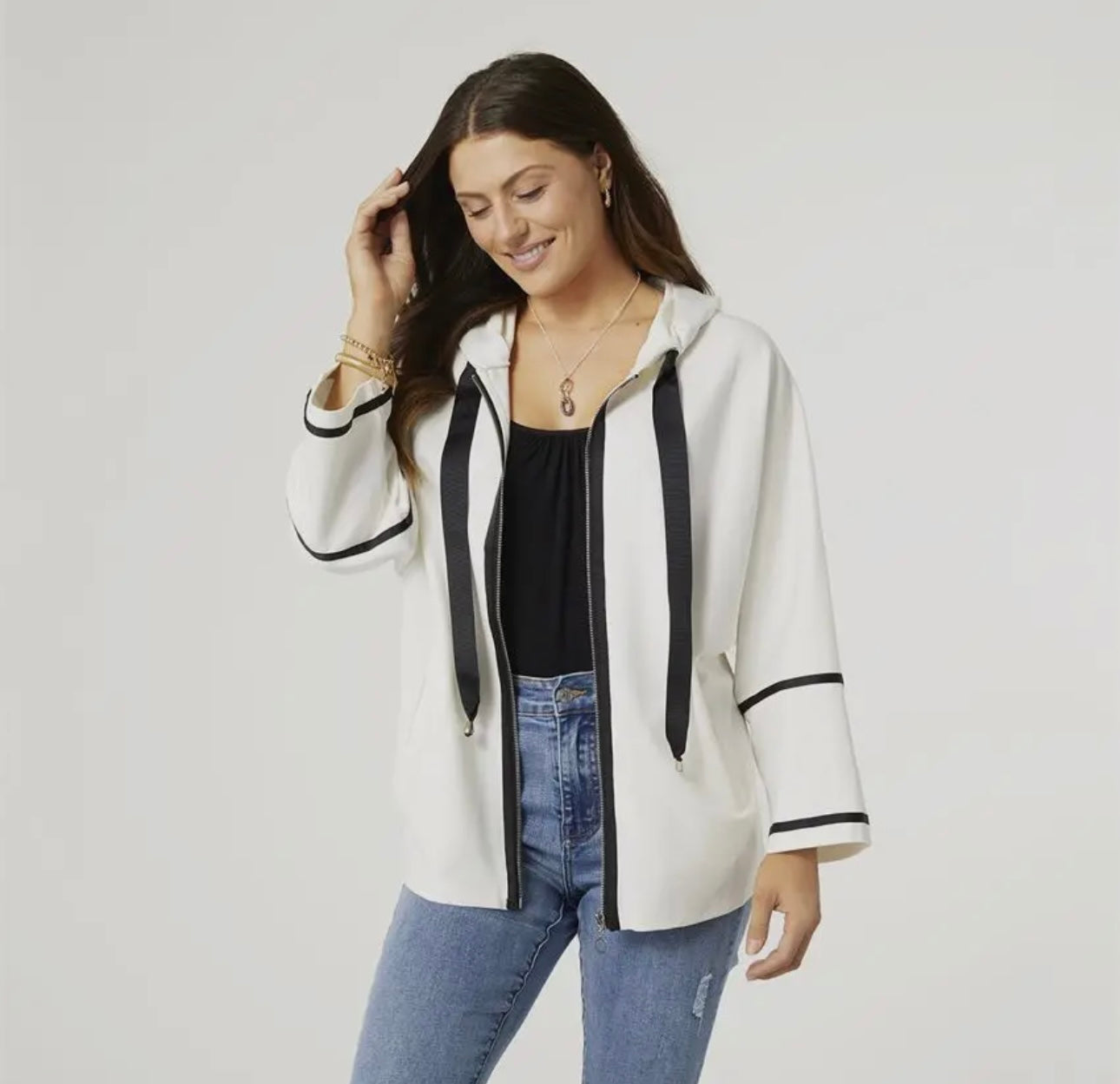 White and black trim zip up