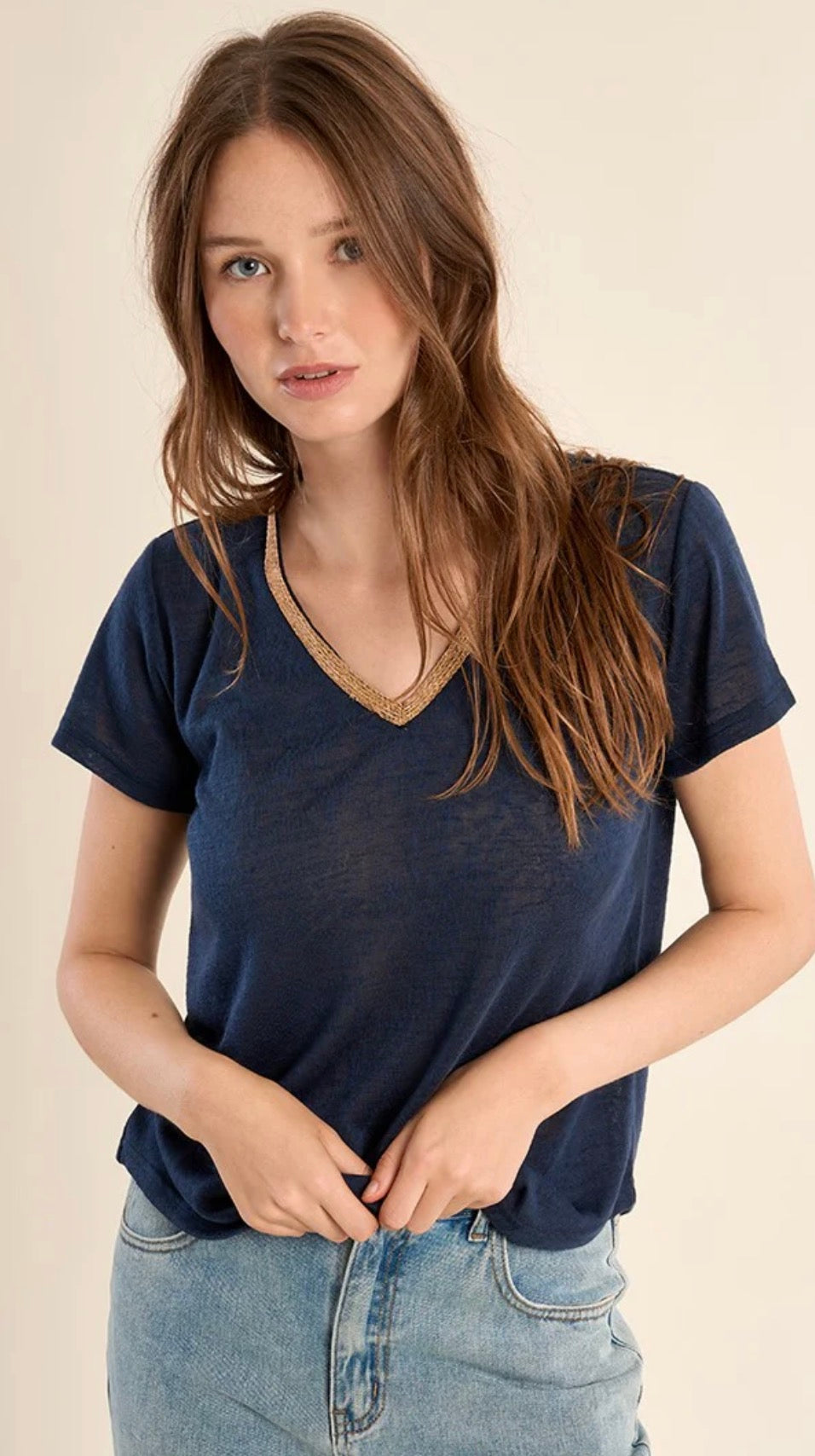 Navy Blue V neck with Gold