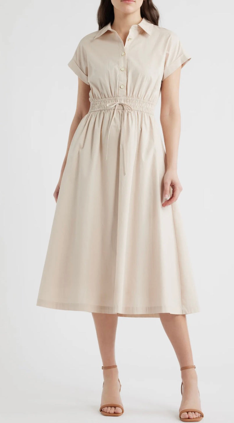 Beige Tie Waist Midi Dress
