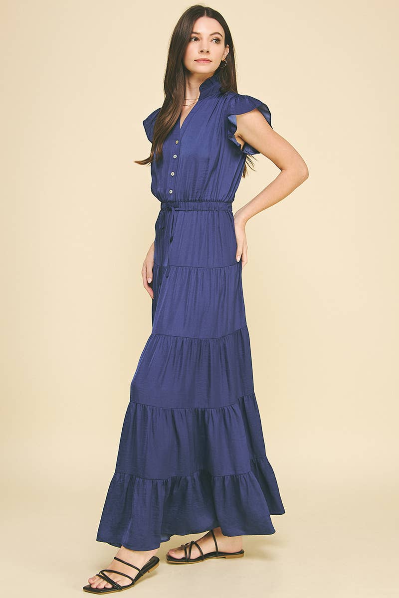 SATIN TIERED MAXI DRESS - NAVY