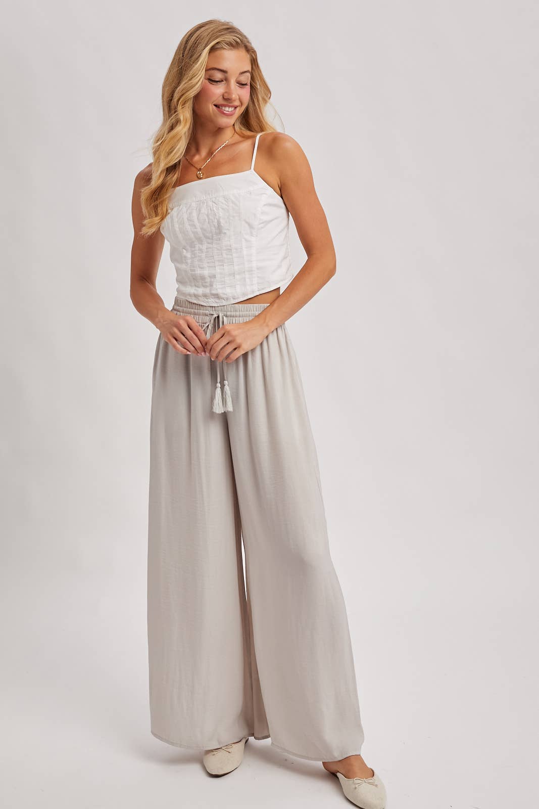 SILKY PALAZZO WIDE LEG PANTS: DOVE