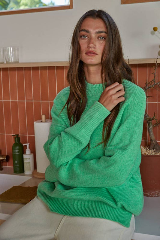 Knit Long Sleeve High Neck Chunky Oversized Sweater: Light Green
