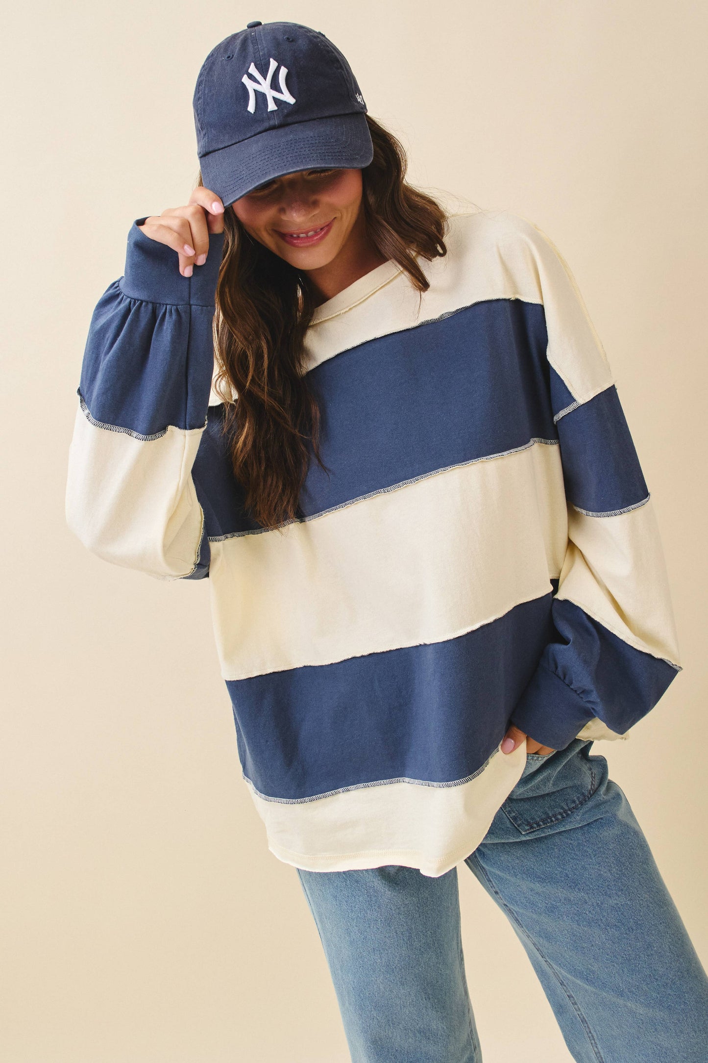 Contrast Panel Long Sleeve Slouchy Top: