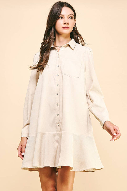 CORDUROY BUTTON DOWN MINI DRESS - 5075D: OATMEAL / S