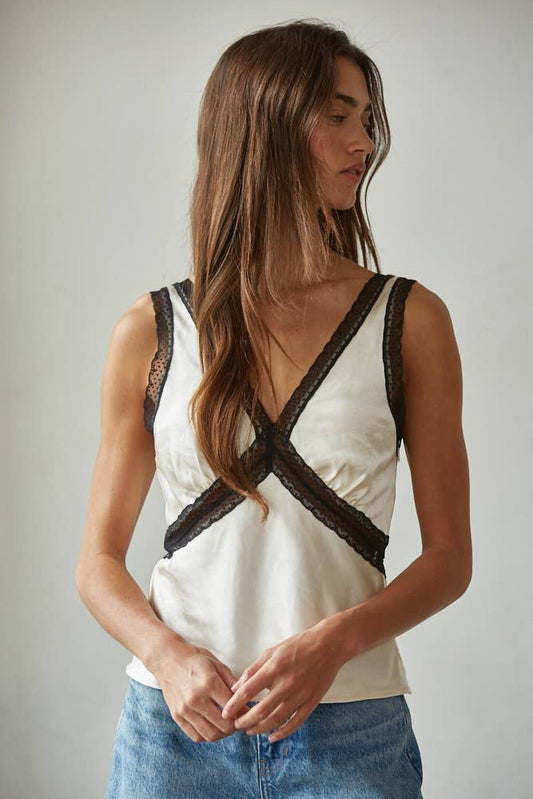 Woven Satin Contrast Lace Trim Detail Sleeveless Top: Pearl