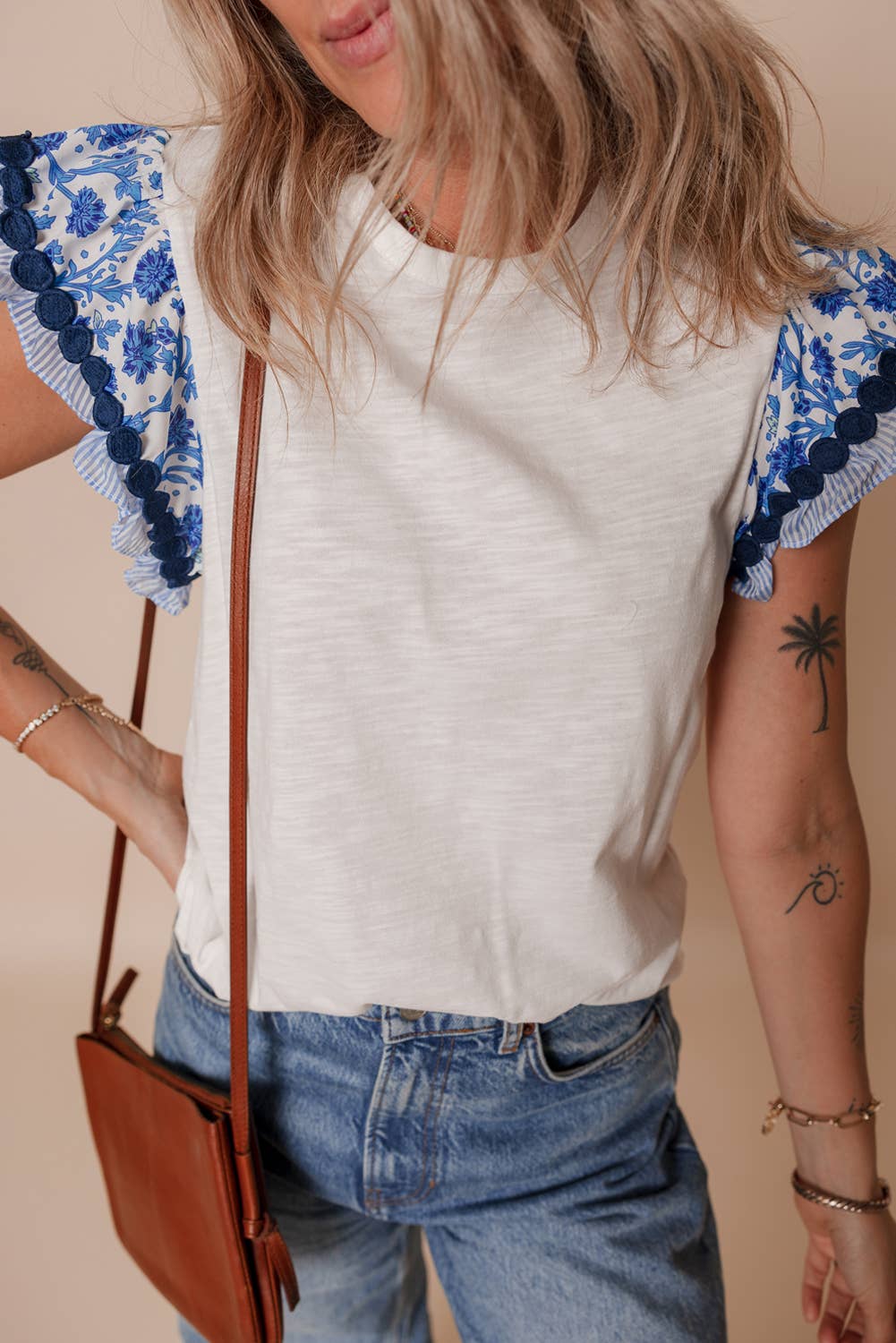 Trim Flutter Sleeve Contrast Patchwork Blouse: Blue
