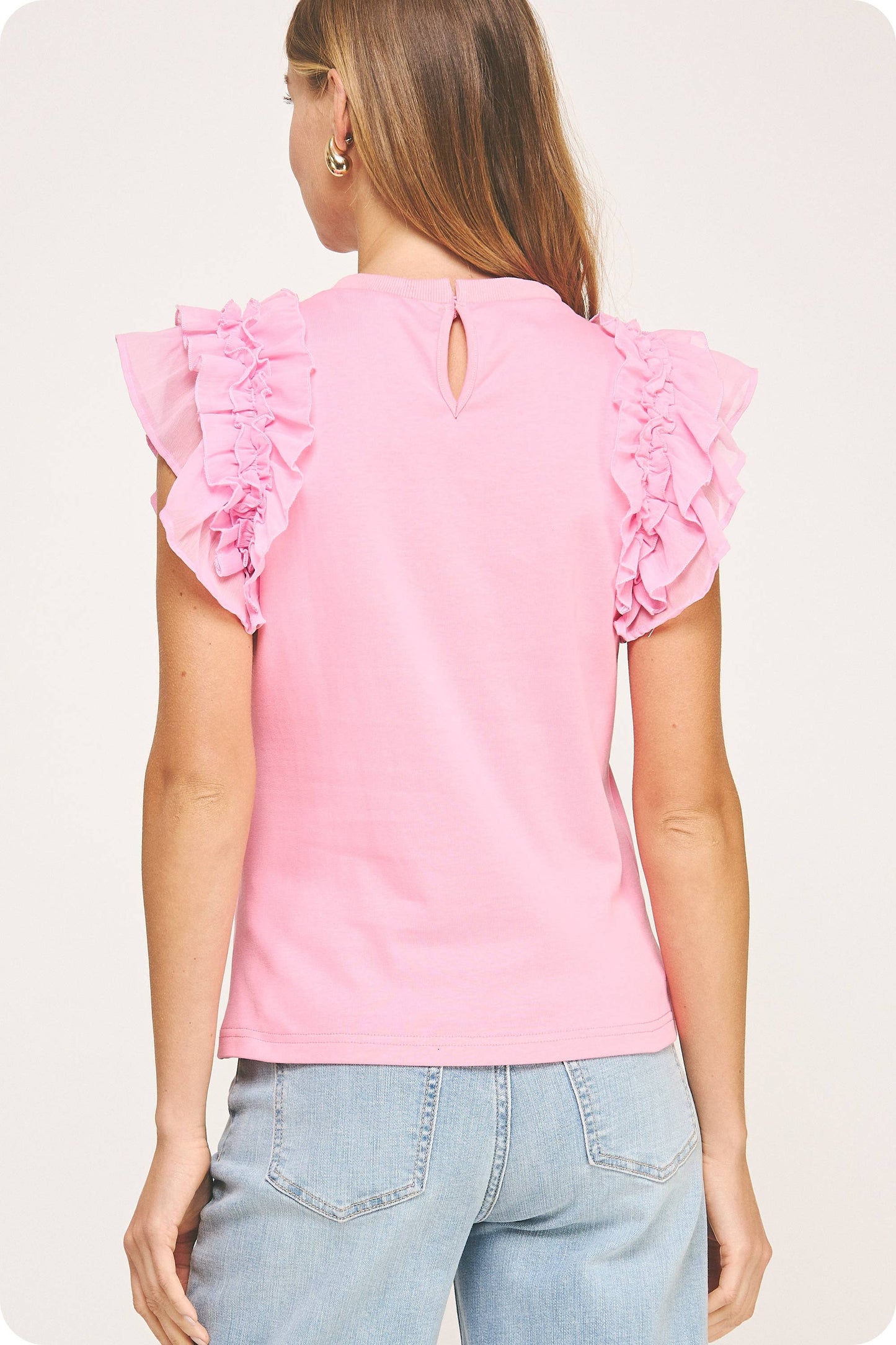 Mixed Media Ruffle Tee Top: Pink