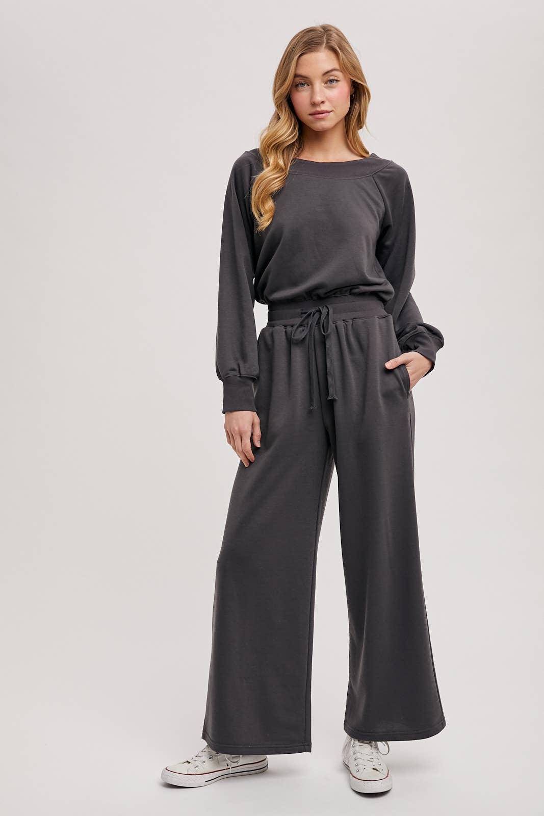 WIDE NECK OFF THE SHOULDER KNIT JUMPSUIT: ASH