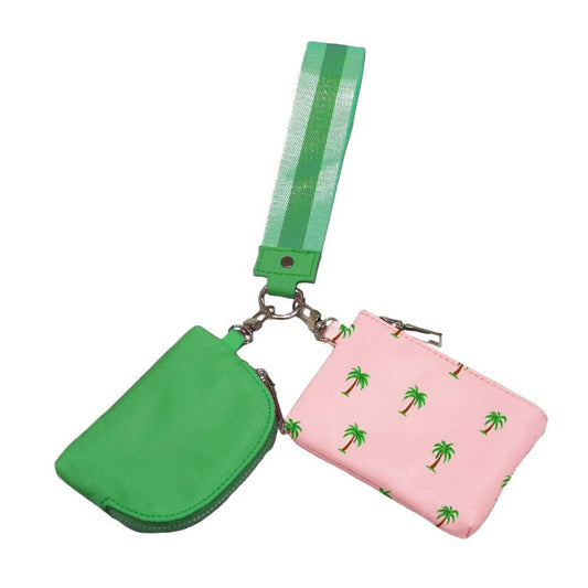 Summer Spritz Dual Pouch Wristlet: Emerald and Pink Palm Tree