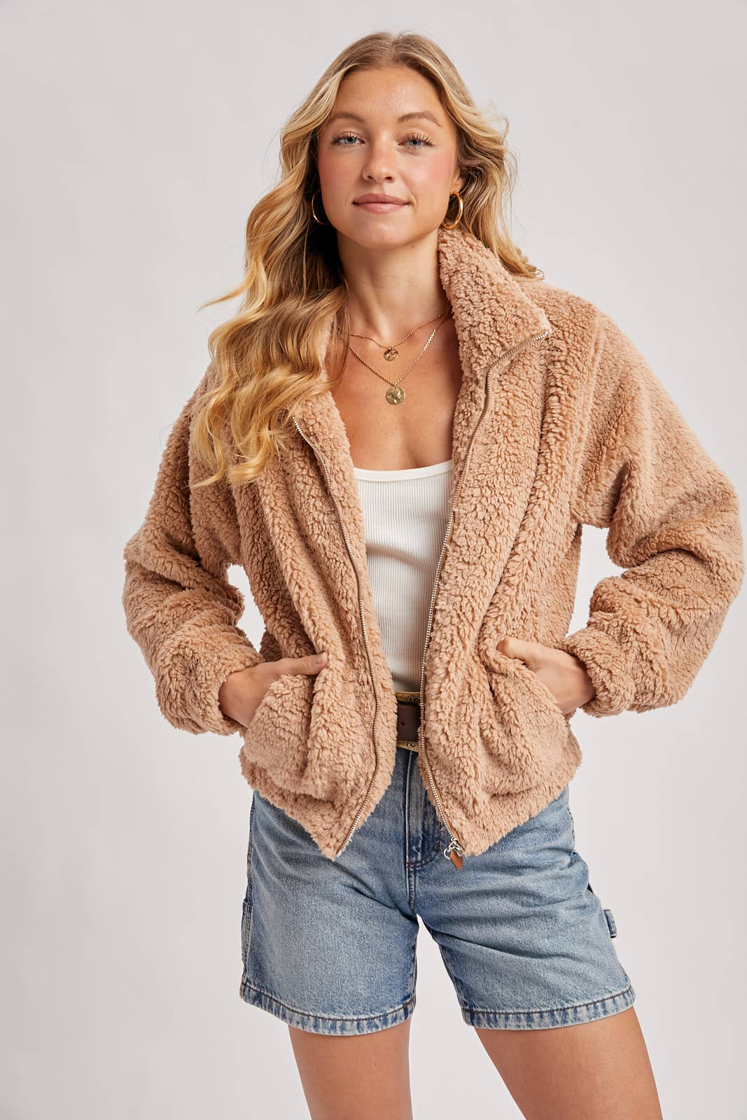 FLEECE ZIP UP TEDDY JACKET: LATTE