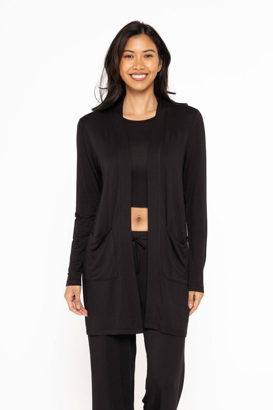 Lounge Open-Front Terry Cardigan: Black