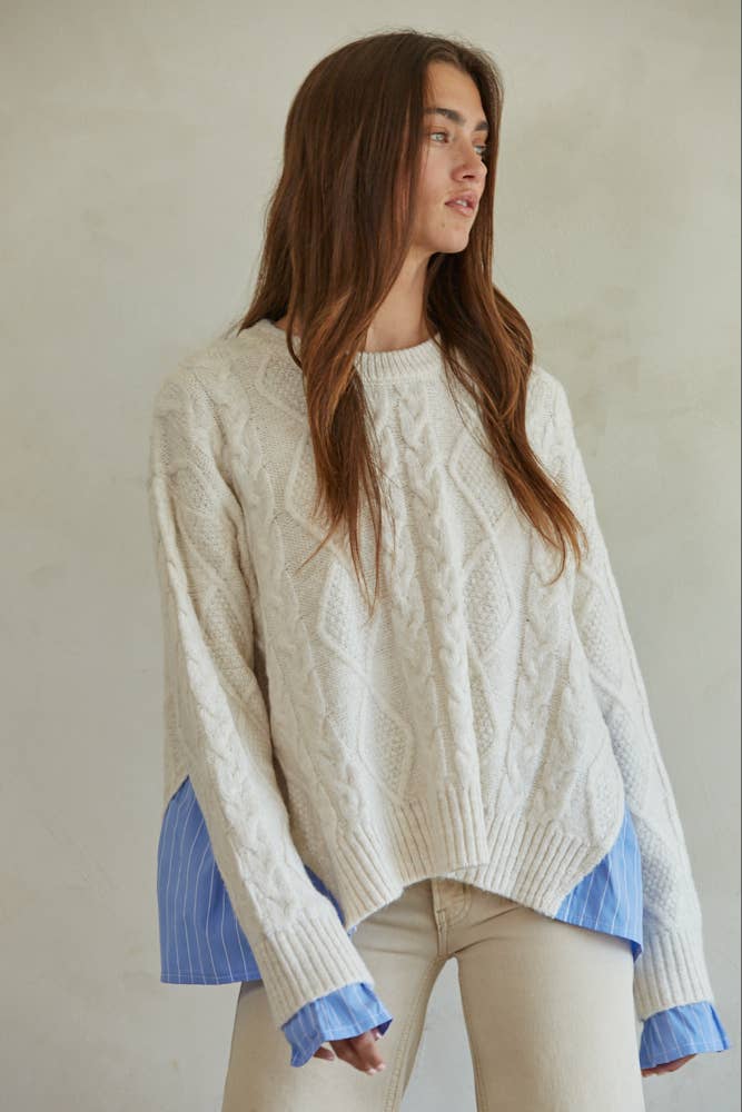 Knit Sweater With Attached Striped Shirt Detail: Cream Blue