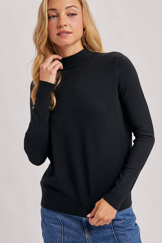 RIBBED TRIM MOCK NECK KNIT TOP: Black