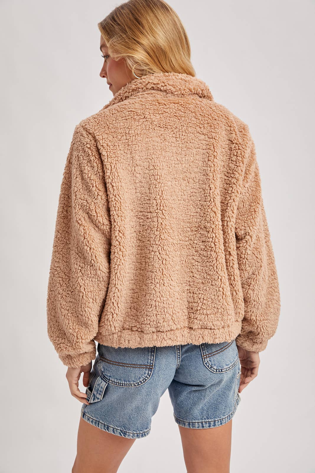 FLEECE ZIP UP TEDDY JACKET: LATTE