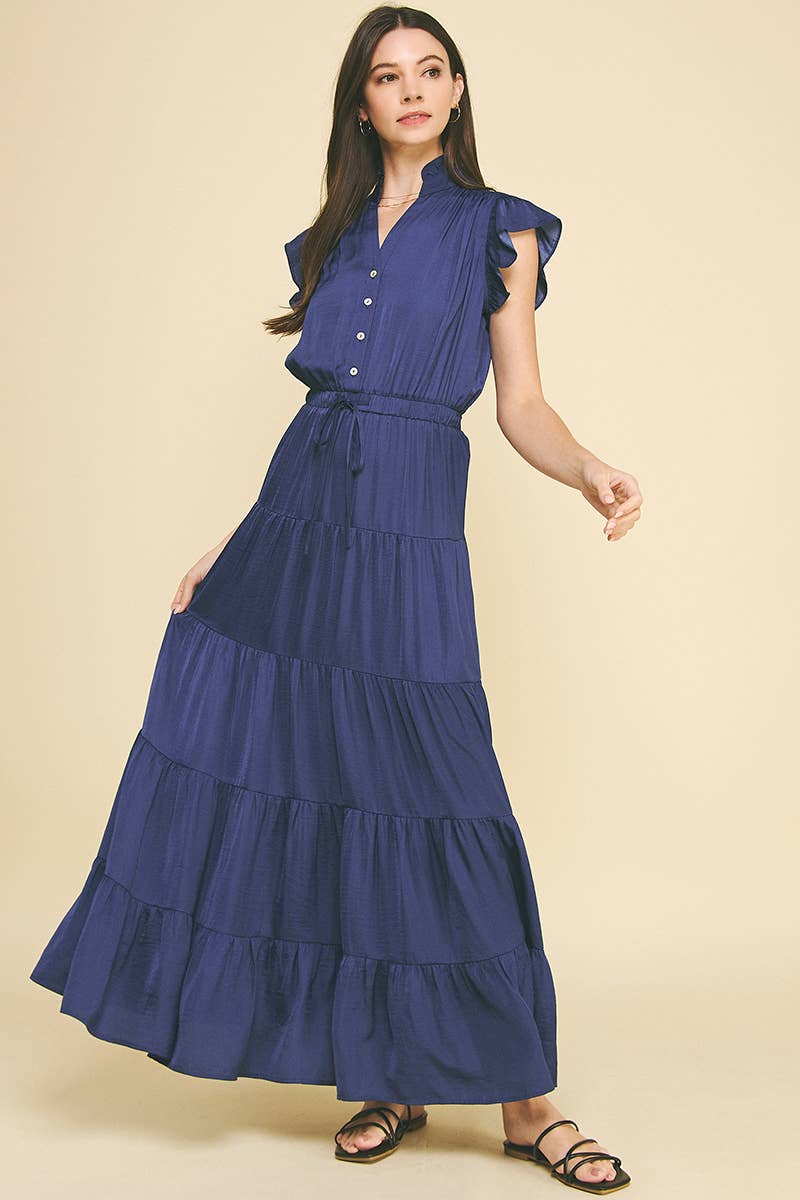 SATIN TIERED MAXI DRESS - NAVY