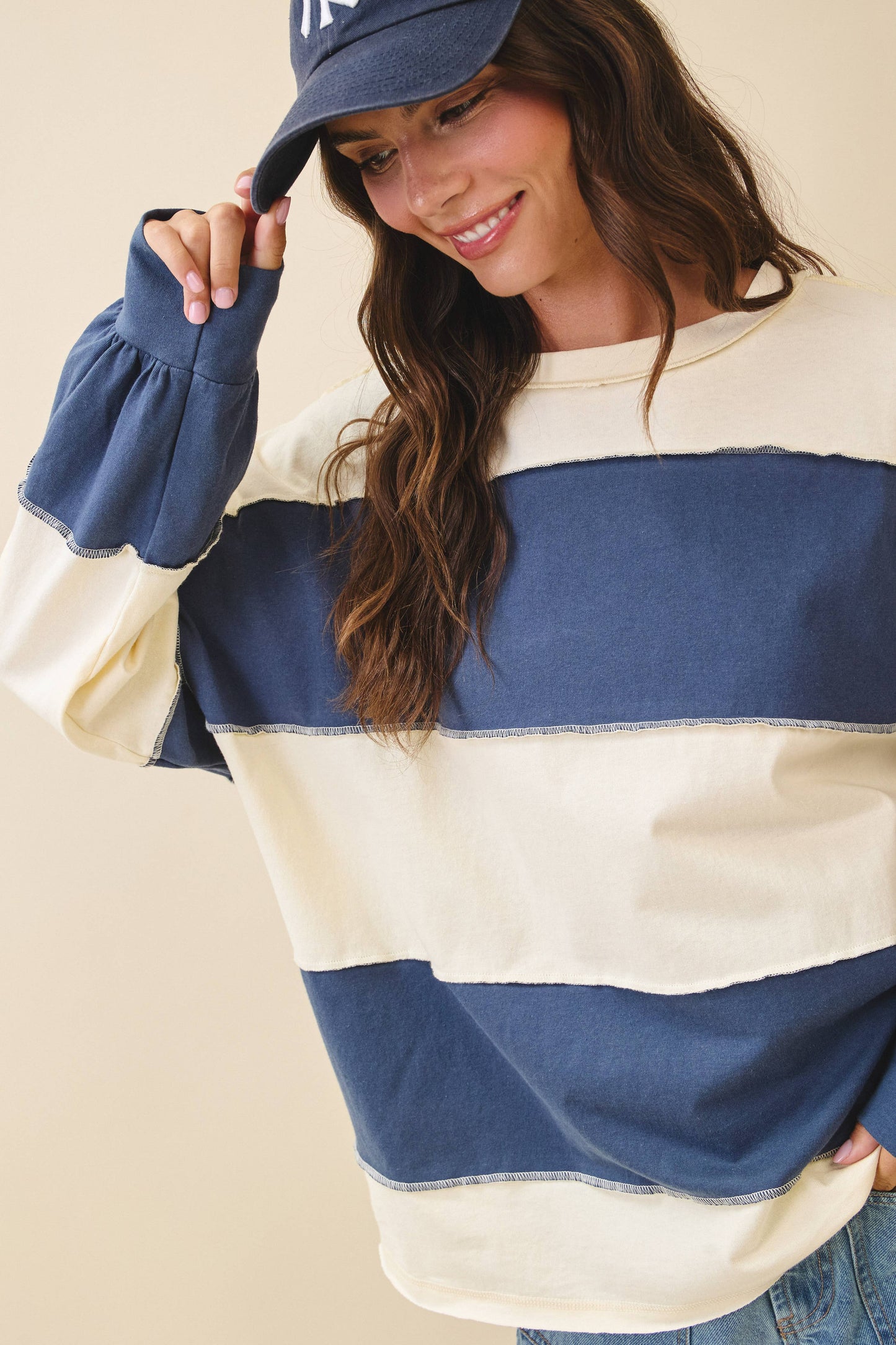 Contrast Panel Long Sleeve Slouchy Top: