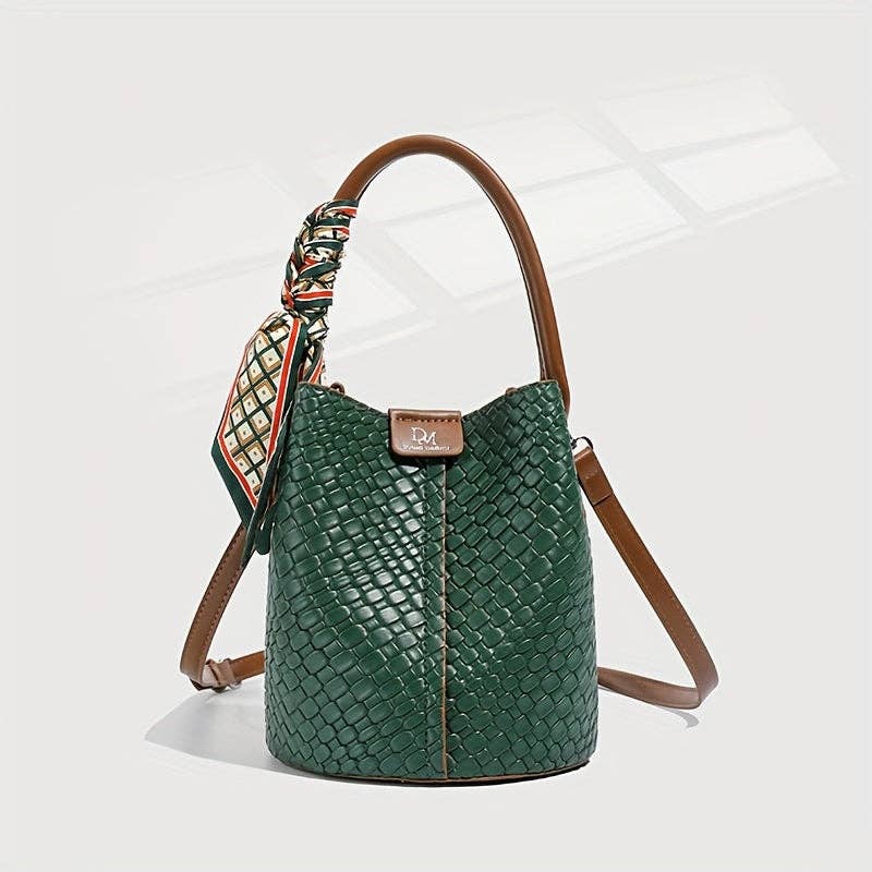 Bucket Bag | Woven Shoulder and Crossbody Bag with Adjustable Detachable Strap: Green