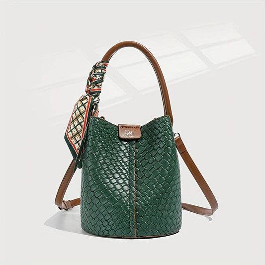 Bucket Bag | Woven Shoulder and Crossbody Bag with Adjustable Detachable Strap: Green