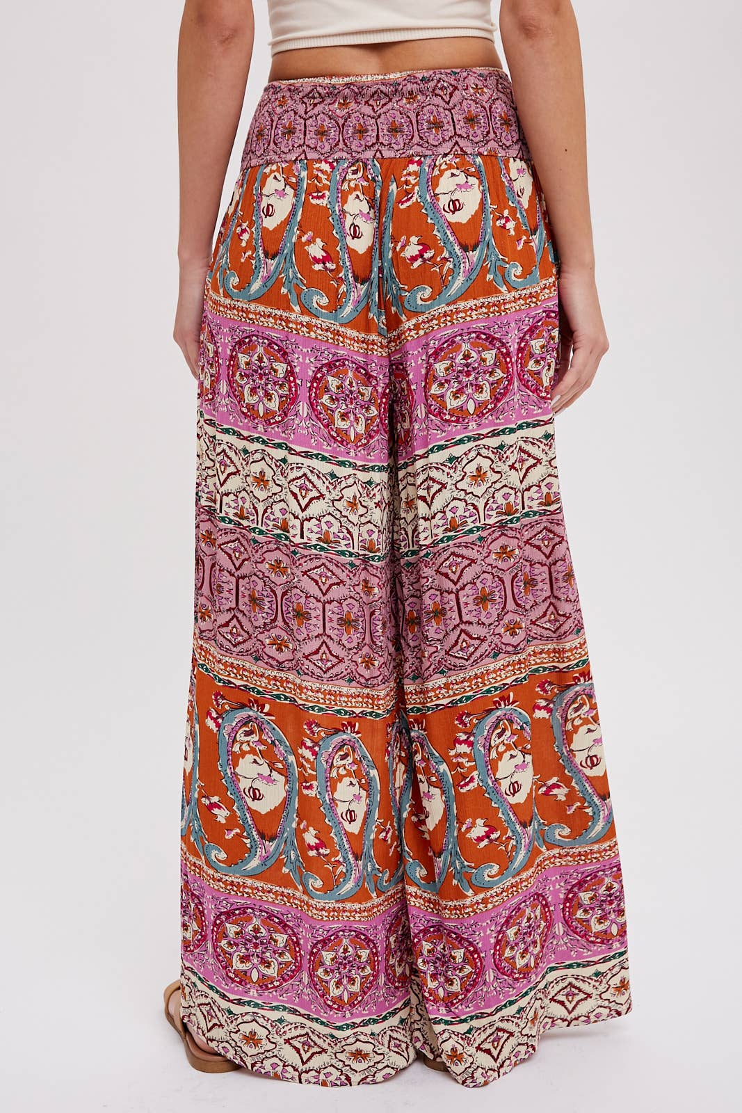 BOHO SMOCKING WAIST WIDE LEG PANTS: PINK/CLAY