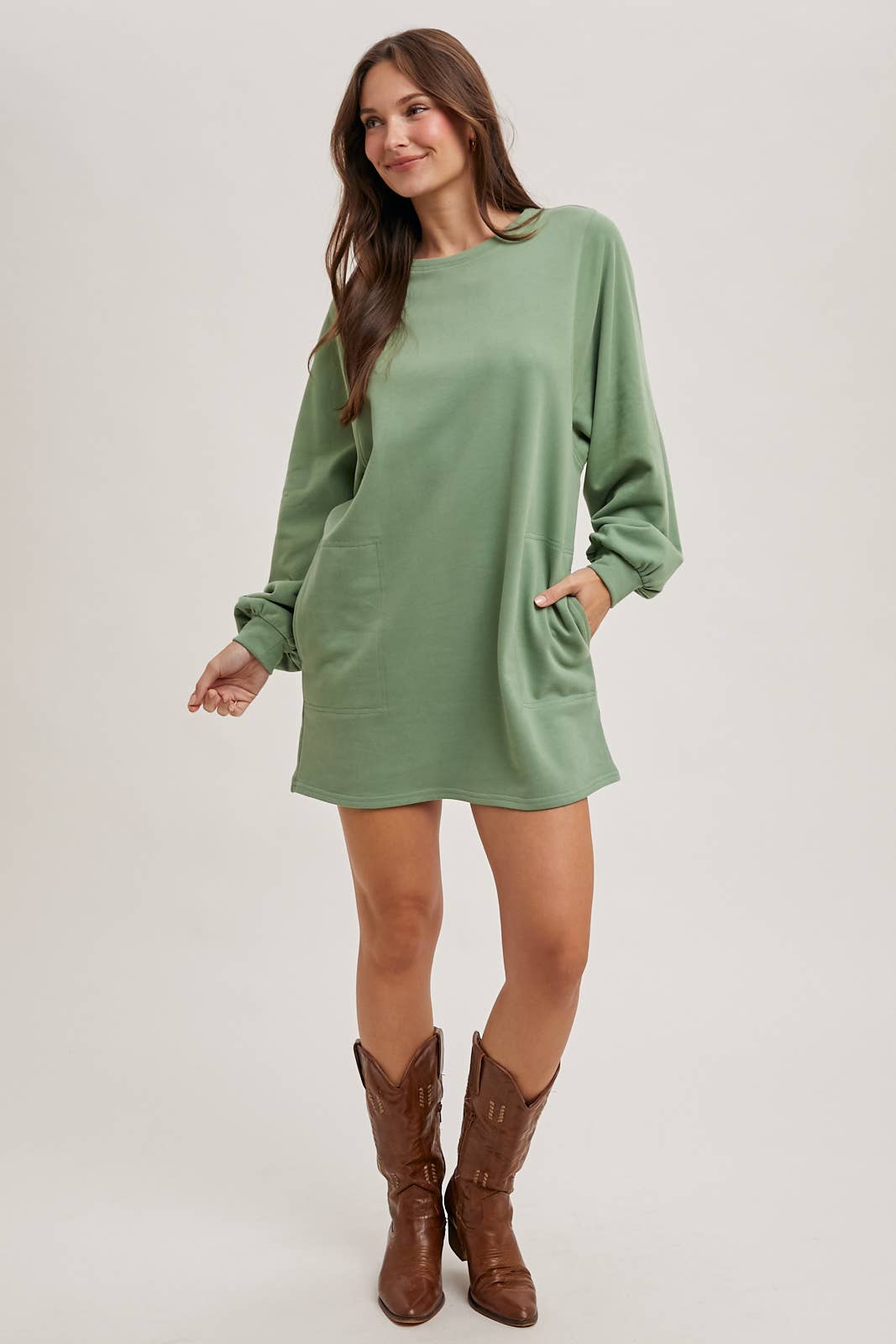 FRENCH TERRY MINI DRESS: SAGE