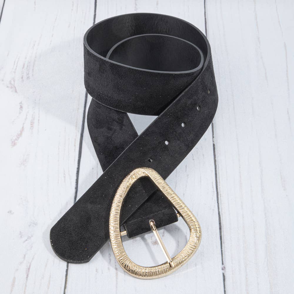 Vegan Suede Belt With Textured Teardrop Buckle: GBK
