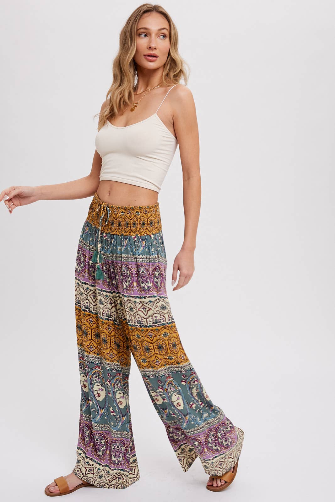 BOHO SMOCKING WAIST WIDE LEG PANTS: PINK/CLAY