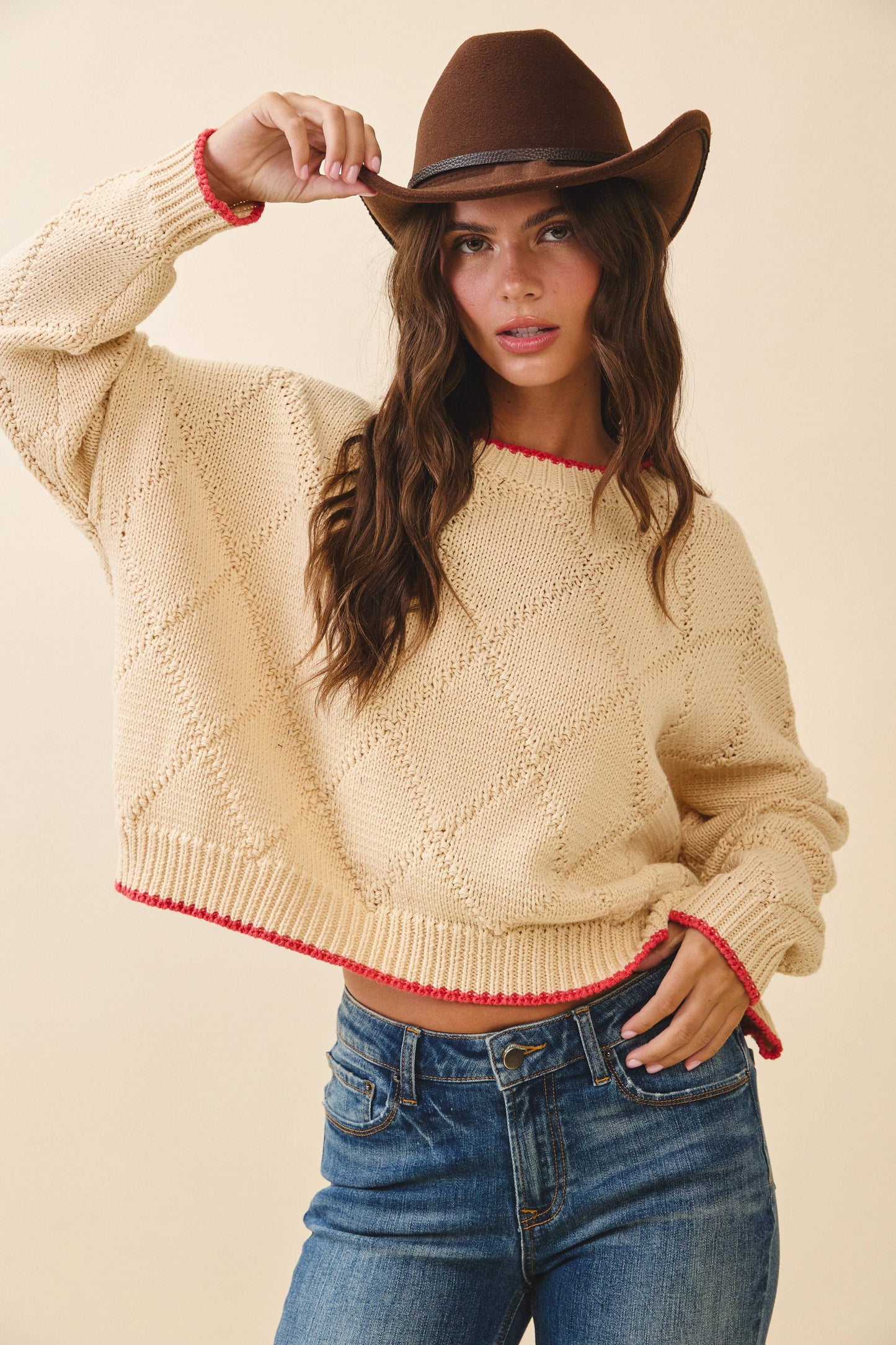 Diamond Knit Pullover Sweater: Oat