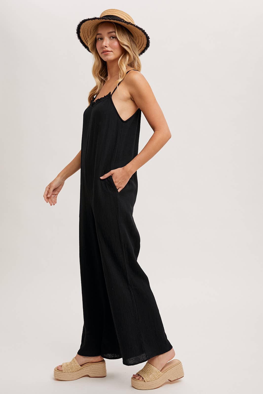 SLEEVELESS SCOOP BACK RUFFLED NECKLINE JUMPSUIT: Black