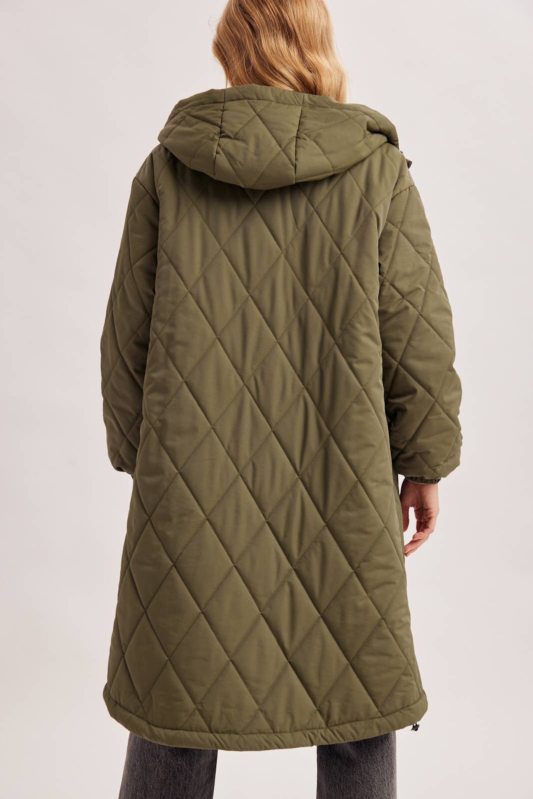 LONGLINE QUILTED PUFFER JACKET: ARMY GREEN / M/L