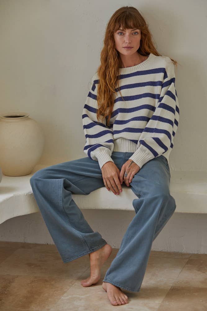 Knit Oversized Striped Sweater Top: Ivory Blue