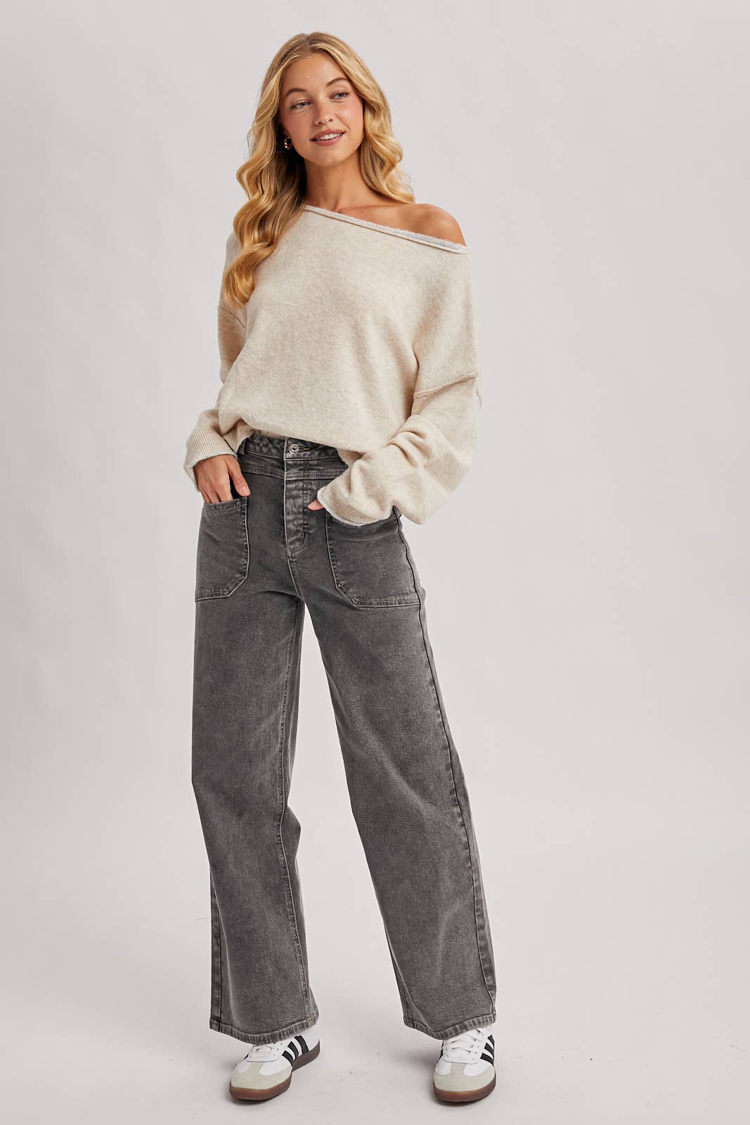BOAT NECK ROLLED TRIM SOFT HEATHERED KNIT PULLOVER: OATMEAL