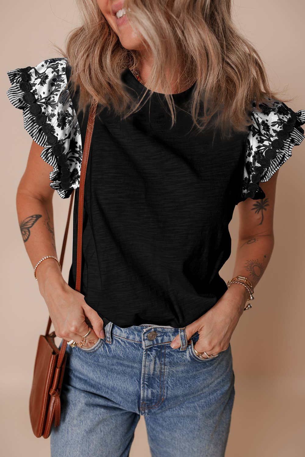 Trim Flutter Sleeve Contrast Patchwork Blouse: Blue