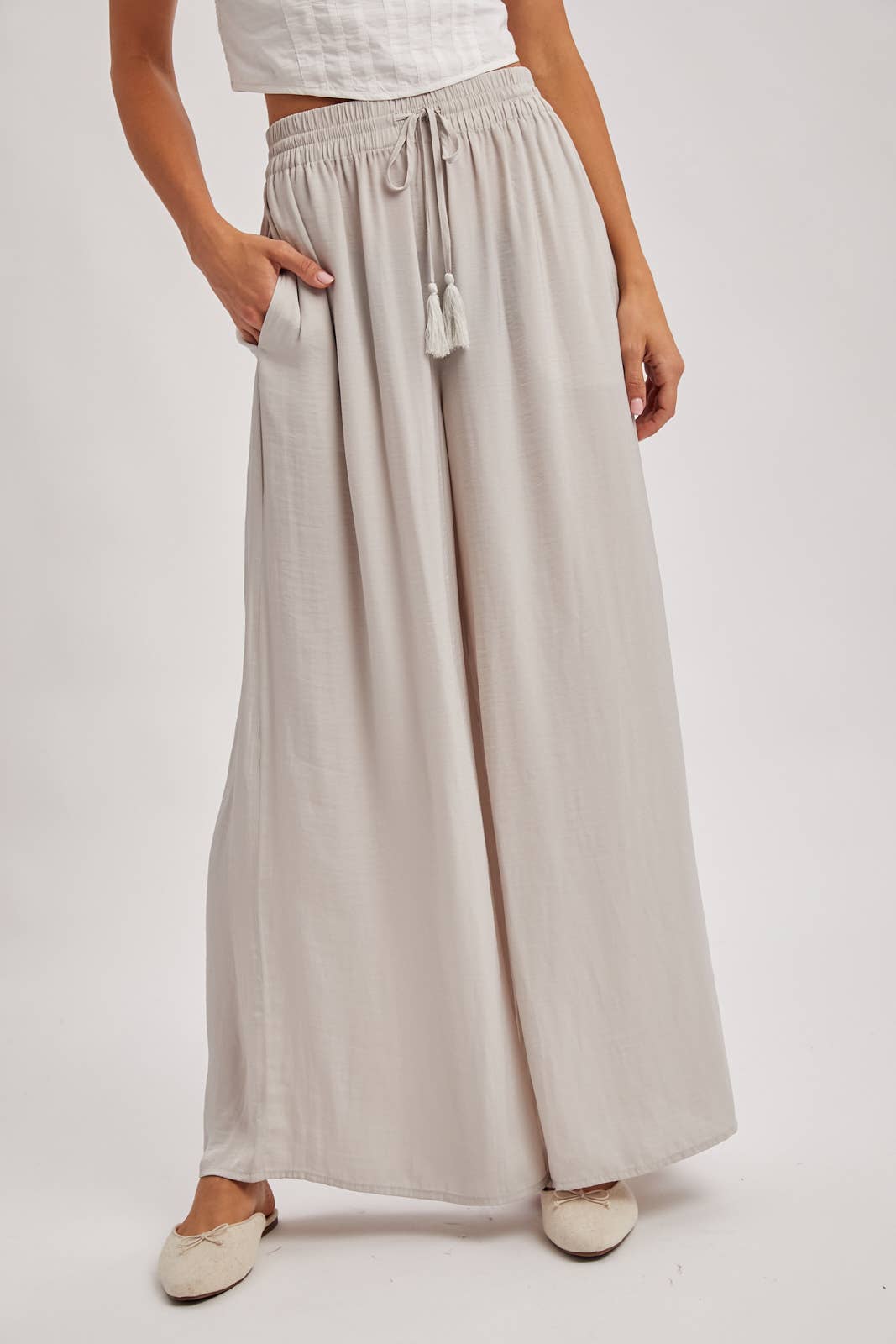 SILKY PALAZZO WIDE LEG PANTS: DOVE