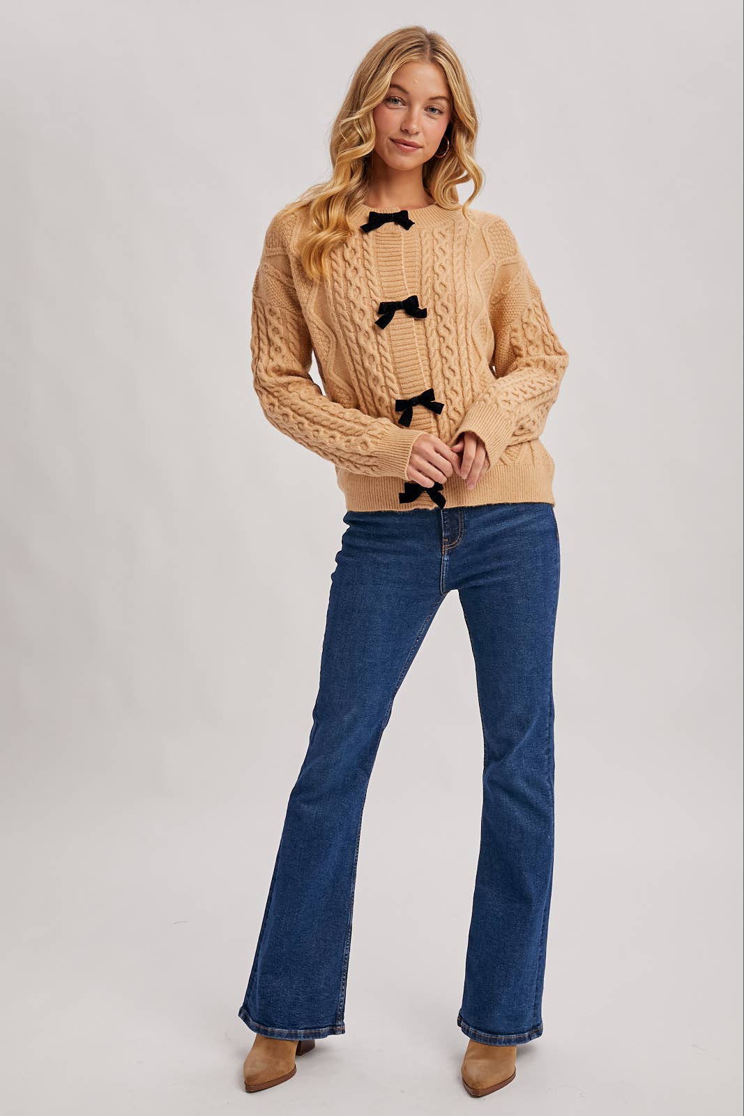VELVET BOW BUTTON DOWN CABLE KNIT SWEATER CARDIGA