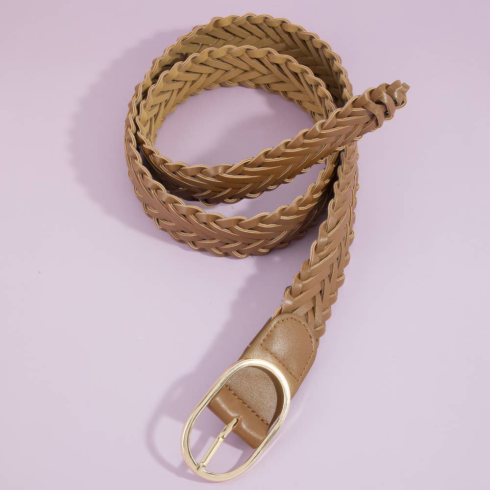 Wide Braided Vegan Leather Oval Buckle Belt: BR