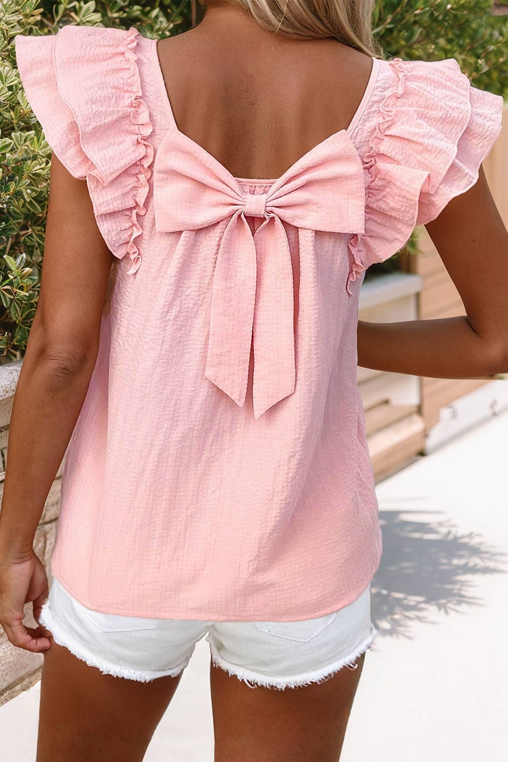 Textured Bow Knot Frilled Butterfly Sleeve Blouse: Pink