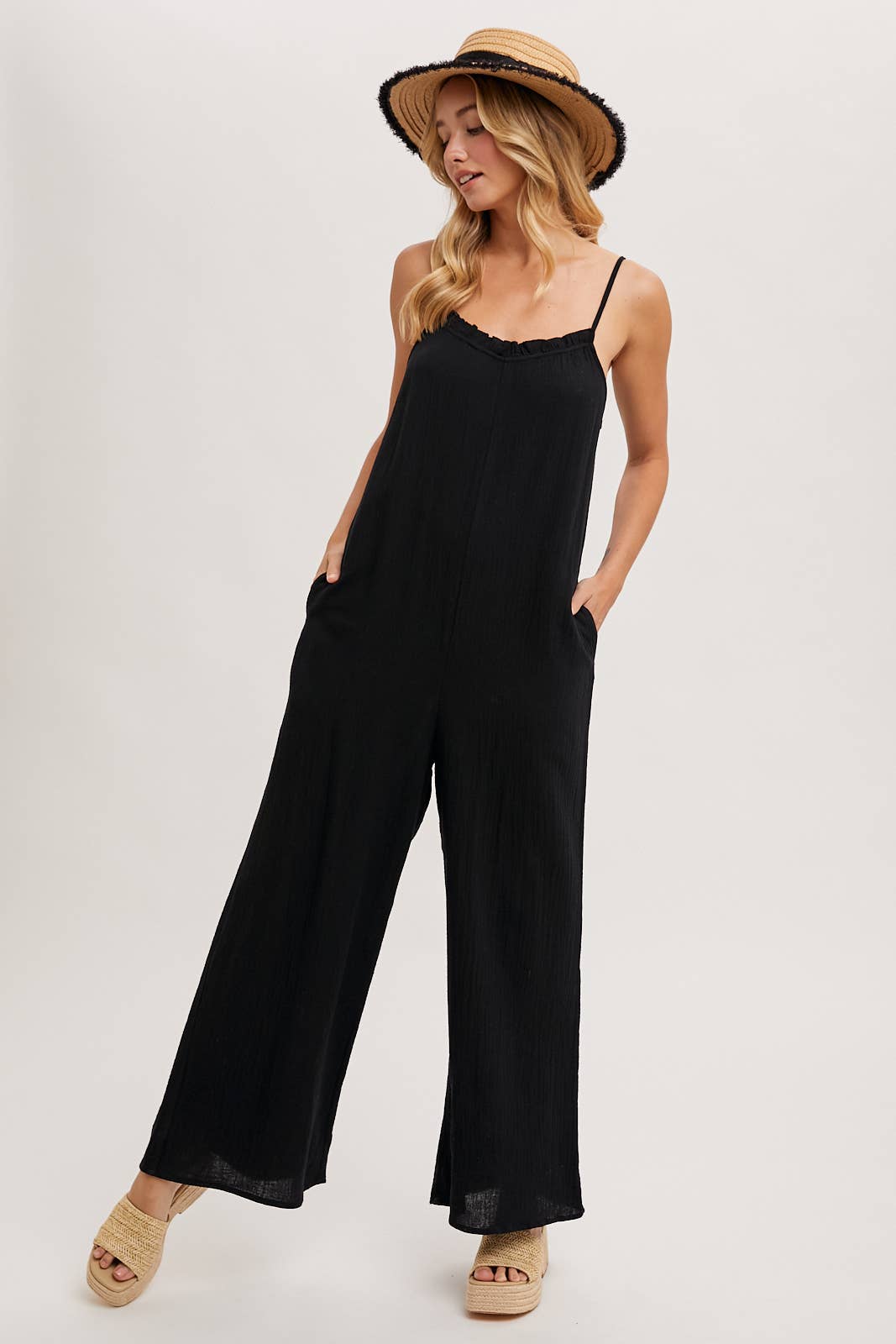 SLEEVELESS SCOOP BACK RUFFLED NECKLINE JUMPSUIT: Black
