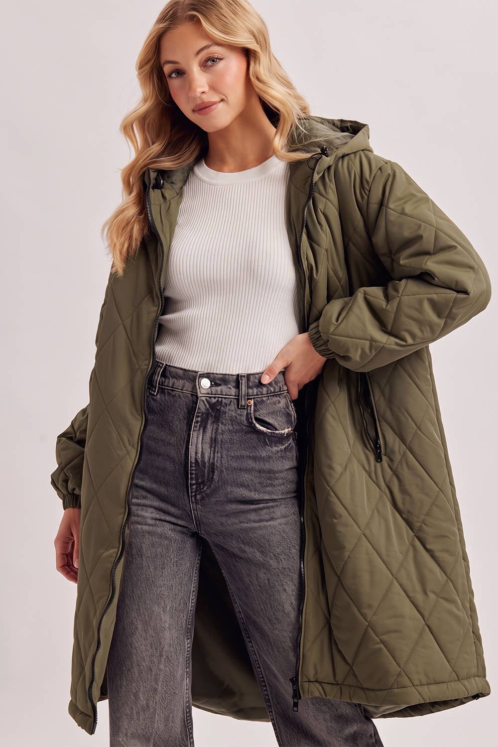 LONGLINE QUILTED PUFFER JACKET: ARMY GREEN / M/L