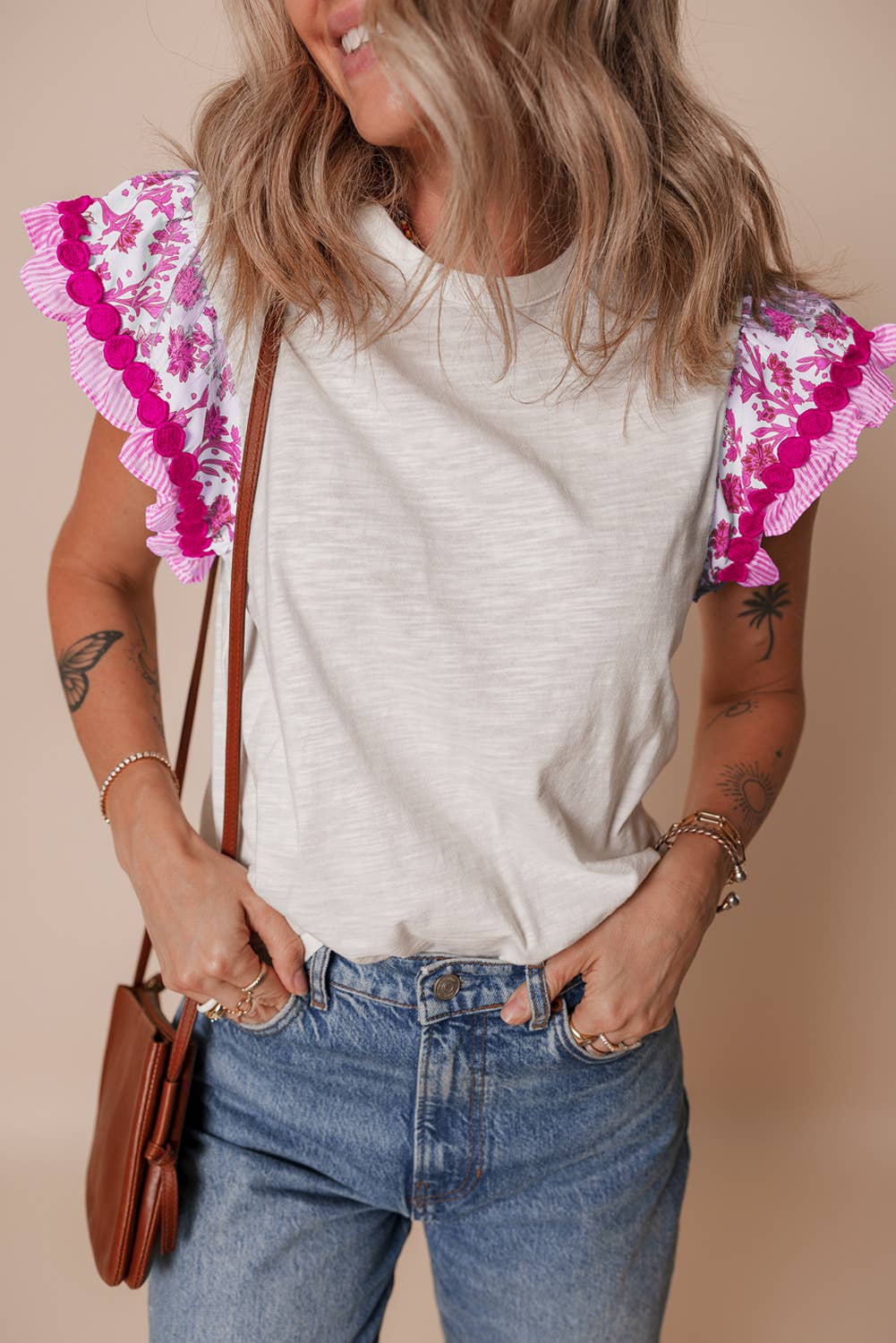 Trim Flutter Sleeve Contrast Patchwork Blouse: Blue