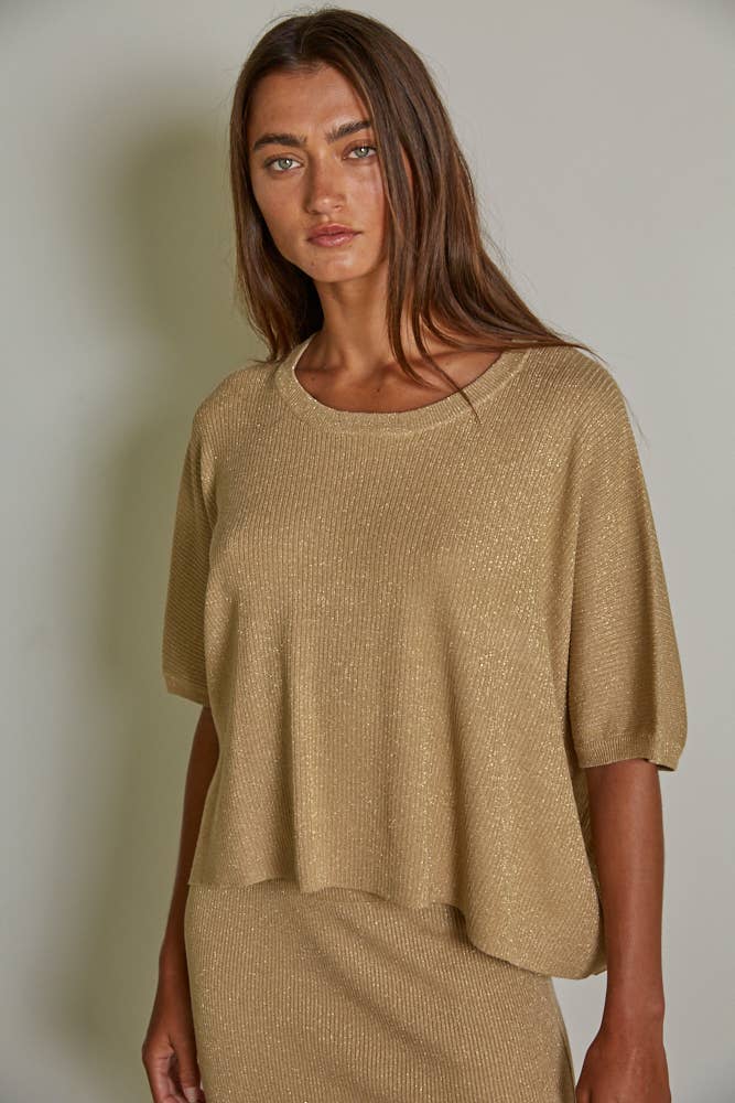 Knit Sweater Ribbed Short Sleeve Pullover Top: Gold
