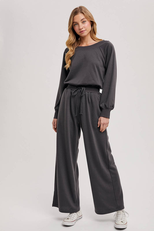 WIDE NECK OFF THE SHOULDER KNIT JUMPSUIT: ASH