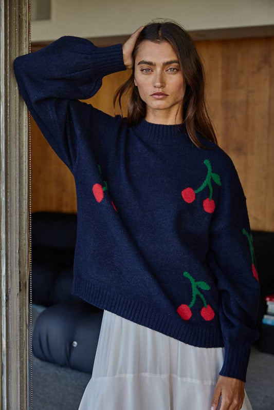 Cherry Print Sweater: Dark Navy