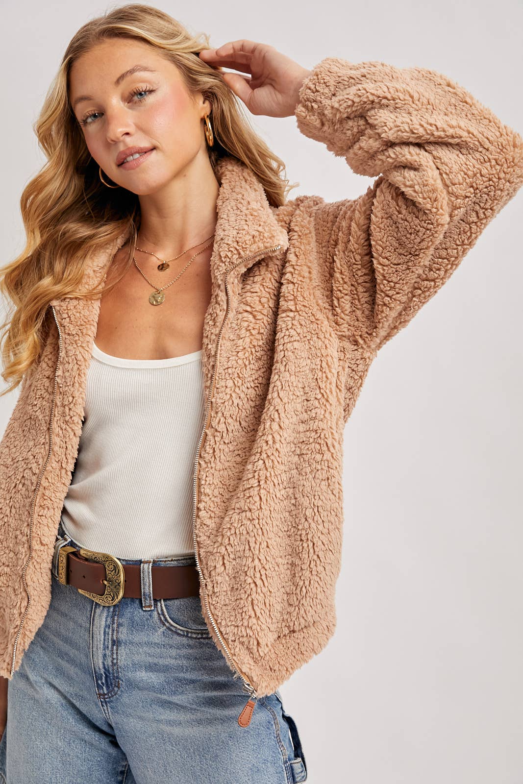FLEECE ZIP UP TEDDY JACKET: LATTE