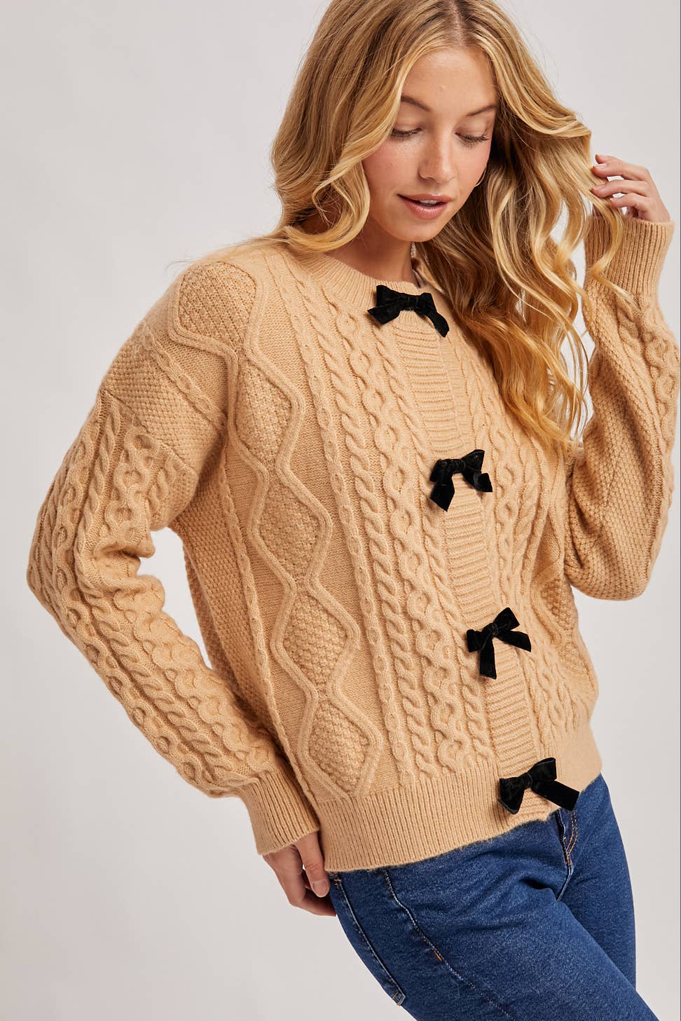 VELVET BOW BUTTON DOWN CABLE KNIT SWEATER CARDIGA