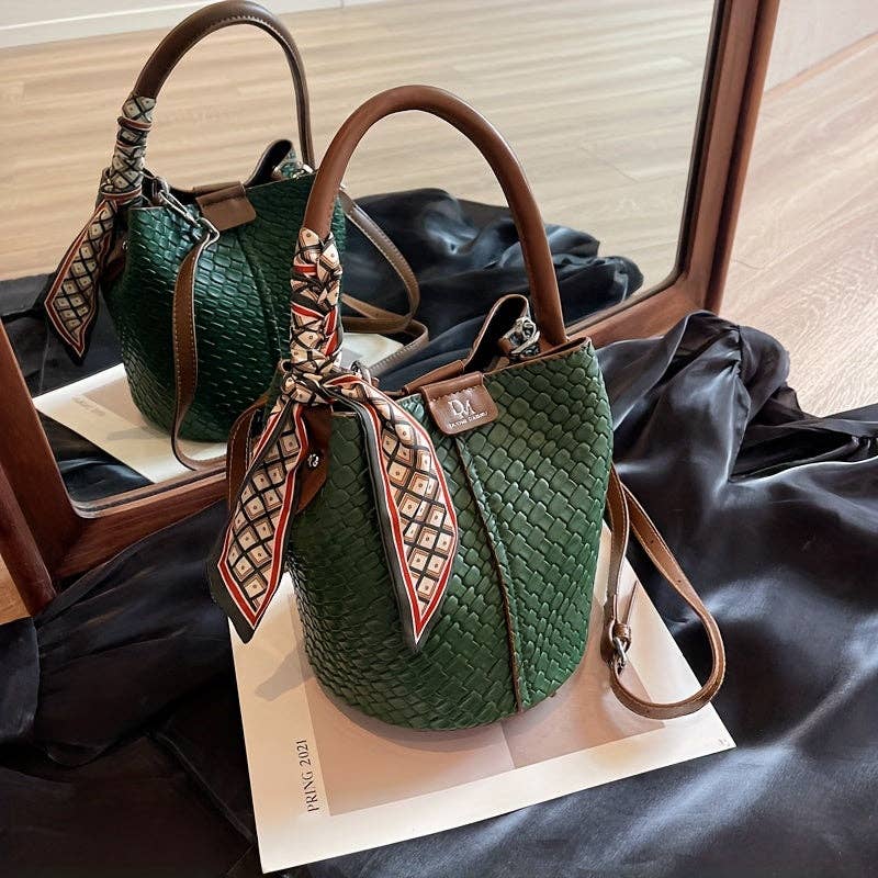 Bucket Bag | Woven Shoulder and Crossbody Bag with Adjustable Detachable Strap: Green