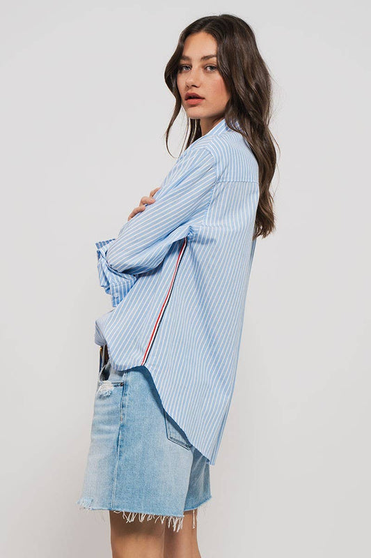 Striped Twill Tape Detail Statement Button Shirt: BLUE STRIPE / S-2/M-2/L-2