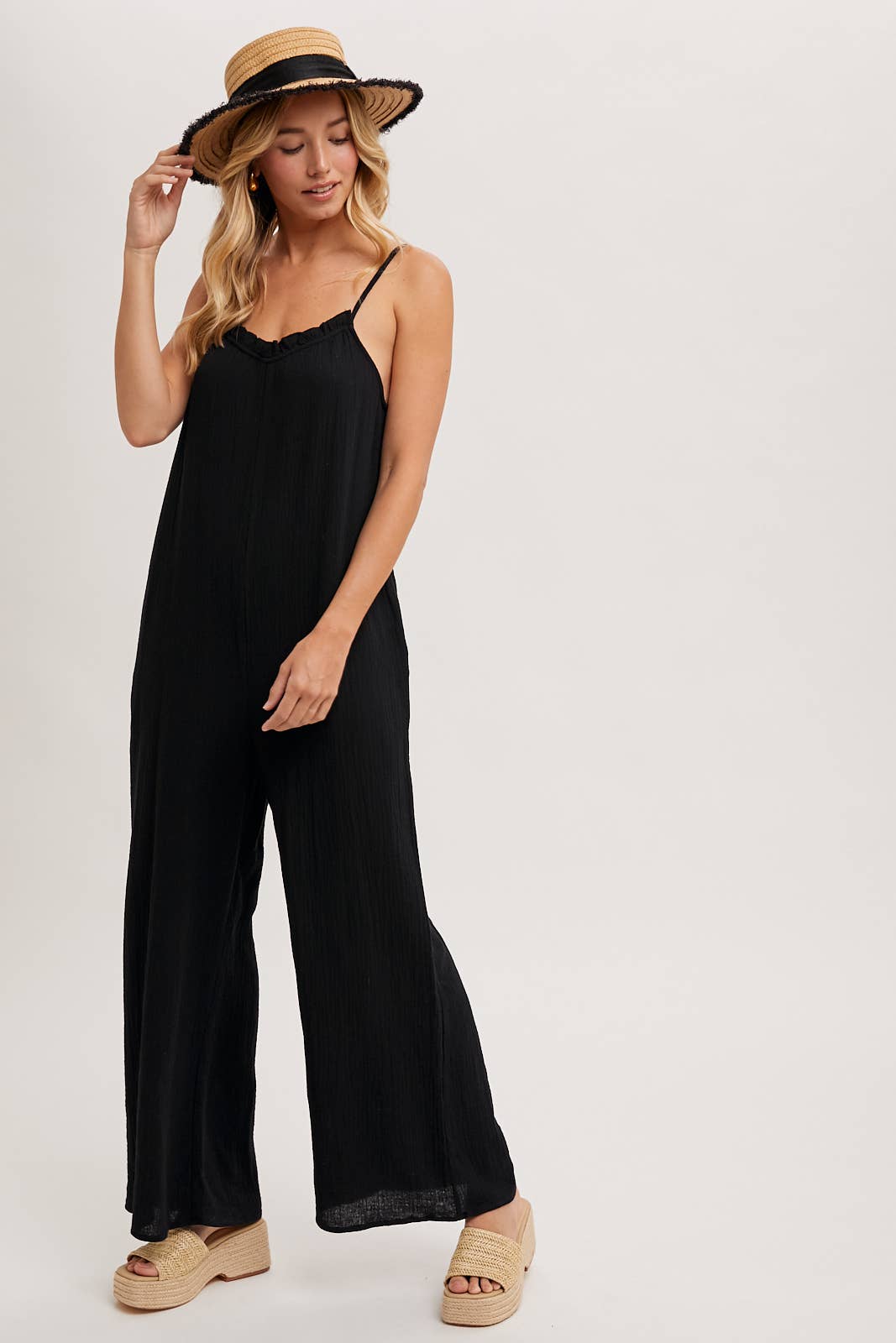 SLEEVELESS SCOOP BACK RUFFLED NECKLINE JUMPSUIT: Black